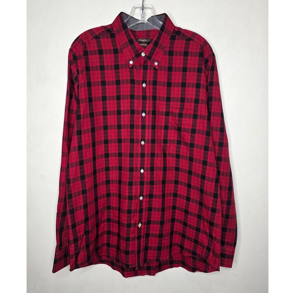 J McLaughlin red black buffalo plaid cotton long sleeve button down shirt  large
